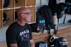 Omaha Maverick head coach Mike Heard stands before a college softball game against the Nebraska Cornhuskers on April 21, 2026, in Omaha, Nebraska. Photo by Brandon Tiedemann