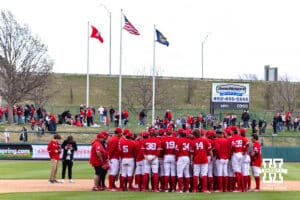 Nebraska Cornhuskers huddle up after the win over the Southern California Trojans during a college baseball game on Saturday, April 18, 2026, in Lincoln, Neb. Photo by John S. Peterson.