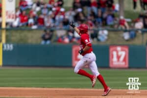 Nebraska Cornhusker Dylan Carey (15) runs the bases after hitting a home run against the Southern California Trojans in the third inning during a college baseball game on Saturday, April 18, 2026, in Lincoln, Neb. Photo by John S. Peterson.