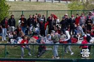 Nebraska Cornhuskers celebrate Case Sanderson's home run in the third inning against the Southern California Trojans during a college baseball game on Saturday, April 18, 2026, in Lincoln, Neb. Photo by John S. Peterson.