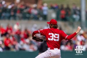Nebraska Cornhusker pitcher Carson Jasa (39) throws a pitch in front of a packed Haymarket park in the second inning against the Southern California Trojans during a college baseball game on Saturday, April 18, 2026, in Lincoln, Neb. Photo by John S. Peterson.