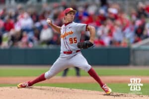 Southern California Trojan starting pitcher Grant Govel (95) throws a pitch in the first inning against the Nebraska Cornhuskers during a college baseball game on Saturday, April 18, 2026, in Lincoln, Neb. Photo by John S. Peterson.