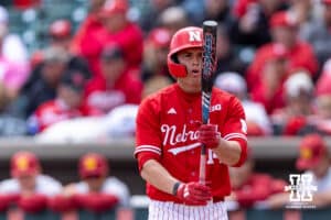 Nebraska Cornhusker Case Sanderson (14) prepares for his at bat against the Southern California Trojans in the first inning during a college baseball game on Saturday, April 18, 2026, in Lincoln, Neb. Photo by John S. Peterson.
