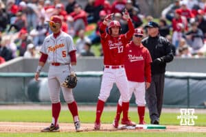Nebraska Cornhusker Mac Moyer (17) hits a single in the first inning against the Southern California Trojans during a college baseball game on Saturday, April 18, 2026, in Lincoln, Neb. Photo by John S. Peterson.