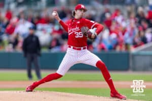 ebraska Cornhusker starting pitcher Carson Jasa (39) throws a pitch against the Southern California Trojans in the first inning during a college baseball game on Saturday, April 18, 2026, in Lincoln, Neb. Photo by John S. Peterson.