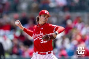 Nebraska Cornhusker starting pitcher Carson Jasa (39) throws a pitch against the Southern California Trojans in the first inning during a college baseball game on Saturday, April 18, 2026, in Lincoln, Neb. Photo by John S. Peterson.
