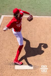 Nebraska Cornhusker starting pitcher Carson Jasa (39) warms up before taking on the Southern California Trojans during a college baseball game on Saturday, April 18, 2026, in Lincoln, Neb. Photo by John S. Peterson.