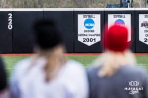 The 2001 Omaha Softball banner during a college softball game against South Dakota State on April 18, 2026, in Omaha, Nebraska. Photo by Brandon Tiedemann