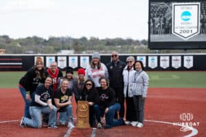 The 2001 Omaha Softball team poses for a photo during a college softball game against South Dakota State on April 18, 2026, in Omaha, Nebraska. Photo by Brandon Tiedemann