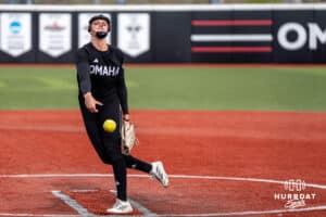 Omaha Softball Alexis Wiggins (2) warms up during a college softball game against South Dakota State on April 18, 2026, in Omaha, Nebraska. Photo by Brandon Tiedemann