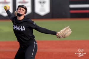 Omaha Softball Alexis Wiggins (2) pitches during a college softball game against South Dakota State on April 18, 2026, in Omaha, Nebraska. Photo by Brandon Tiedemann