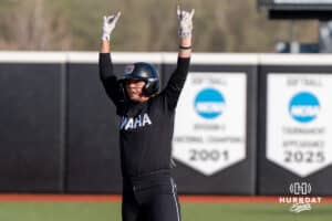 Omaha Softball Katherine Johnson (12) celebrates a double during a college softball game against South Dakota State on April 18, 2026, in Omaha, Nebraska. Photo by Brandon Tiedemann