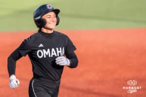 Omaha Softball Marra Cramer (9) rounds the bases during a college softball game against South Dakota State on April 18, 2026, in Omaha, Nebraska. Photo by Brandon Tiedemann