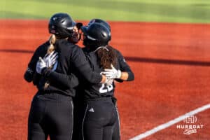 Omaha Softball celebrates a home run during a college softball game against South Dakota State on April 18, 2026, in Omaha, Nebraska. Photo by Brandon Tiedemann