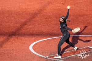 Omaha Softball Alexis Wiggins (2) pitches during a college softball game against South Dakota State on April 18, 2026, in Omaha, Nebraska. Photo by Brandon Tiedemann