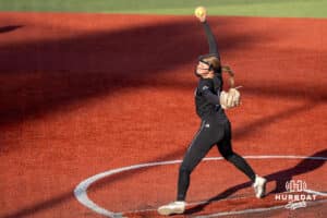 Omaha Softball Alexis Wiggins (2) pitches during a college softball game against South Dakota State on April 18, 2026, in Omaha, Nebraska. Photo by Brandon Tiedemann