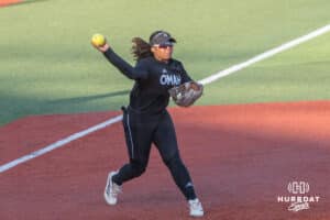 Omaha Softball Bailey Sample (25) throws to first base during a college softball game against South Dakota State on April 18, 2026, in Omaha, Nebraska. Photo by Brandon Tiedemann