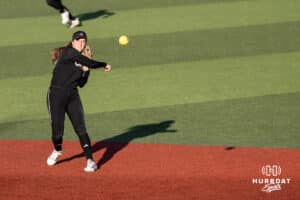 Omaha Softball Taylor Sedlacek (29) throws to first base during a college softball game against South Dakota State on April 18, 2026, in Omaha, Nebraska. Photo by Brandon Tiedemann
