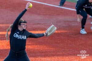 Omaha Softball Alexis Wiggins (2) pitches during a college softball game against South Dakota State on April 18, 2026, in Omaha, Nebraska. Photo by Brandon Tiedemann