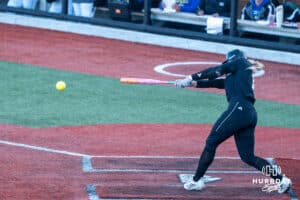 Omaha Softball Alyson Edwards (18) hits during a college softball game against South Dakota State on April 18, 2026, in Omaha, Nebraska. Photo by Brandon Tiedemann