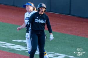 Omaha Softball Sammy Schmidt (17) celebrates her RBI single during a college softball game against South Dakota State on April 18, 2026, in Omaha, Nebraska. Photo by Brandon Tiedemann