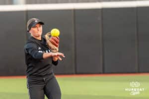 Omaha Softball Katherine Johnson (12) throws to first base during a college softball game against South Dakota State on April 18, 2026, in Omaha, Nebraska. Photo by Brandon Tiedemann
