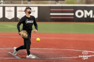Omaha Softball Maddia Groff (6) pitches during a college softball game against South Dakota State on April 18, 2026, in Omaha, Nebraska. Photo by Brandon Tiedemann