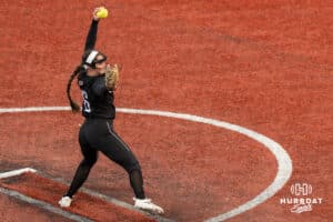 Omaha Softball Maddia Groff (6) pitches during a college softball game against South Dakota State on April 18, 2026, in Omaha, Nebraska. Photo by Brandon Tiedemann