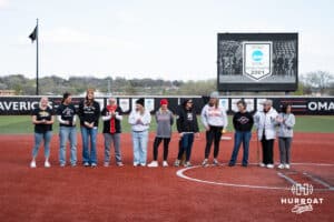 The 2001 Omaha Softball team gets honored before a college softball game against South Dakota State on April 18, 2026, in Omaha, Nebraska. Photo by Brandon Tiedemann