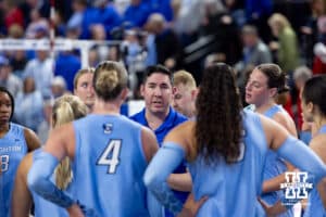 Creighton Bluejay head coach Brian Rosen talks to his players after the match against the Nebraska Cornhuskers during a college volleyball match on Friday, April 17, 2026, in Omaha, Neb. Photo by John S. Peterson.