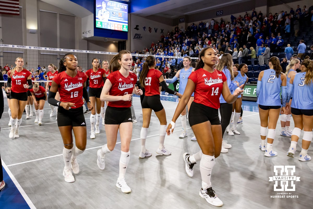 Nebraska Cornhuskers head to the locker room after the win against the Creighton Bluejays during a college volleyball match on Friday, April 17, 2026, in Omaha, Neb. Photo by John S. Peterson.