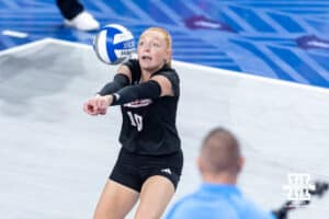 Nebraska Cornhusker ds/libero Olivia Mauch (10) digs the ball against the Creighton Bluejays in the fourth set during a college volleyball match on Friday, April 17, 2026, in Omaha, Neb. Photo by John S. Peterson.
