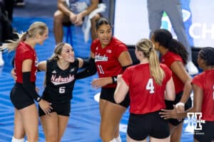 Nebraska Cornhuskers celebrate a kill against the Creighton Bluejays in the third set during a college volleyball match on Friday, April 17, 2026, in Omaha, Neb. Photo by John S. Peterson.