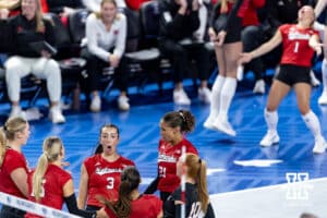 Nebraska Cornhusker opposite hitter Virginia Adriano (3) celebrates a kill against the Creighton Bluejays in the second set during a college volleyball match on Friday, April 17, 2026, in Omaha, Neb. Photo by John S. Peterson.