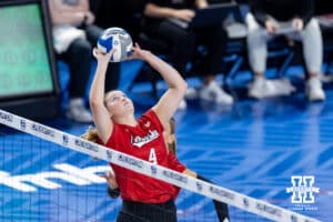Nebraska Cornhusker setter Campbell Flynn (4) sets the ball against the Creighton Bluejays in the second set during a college volleyball match on Friday, April 17, 2026, in Omaha, Neb. Photo by John S. Peterson.