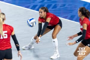 Nebraska Cornhusker outside hitter Skyler Pierce (21) digs the ball against the Creighton Bluejays in the second set during a college volleyball match on Friday, April 17, 2026, in Omaha, Neb. Photo by John S. Peterson.
