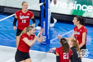 Nebraska Cornhusker setter Campbell Flynn (4) celebrates a kill against the Creighton Bluejays in the second set during a college volleyball match on Friday, April 17, 2026, in Omaha, Neb. Photo by John S. Peterson.
