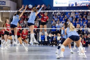 Nebraska Cornhusker outside hitter Teraya Sigler (11) spikes the ball against the Creighton Bluejays in the first set during a college volleyball match on Friday, April 17, 2026, in Omaha, Neb. Photo by John S. Peterson.
