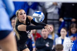 Nebraska Cornhusker ds/libero Laney Choboy (6) digs the ball against the Creighton Bluejays in the first set during a college volleyball match on Friday, April 17, 2026, in Omaha, Neb. Photo by John S. Peterson.