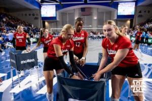 Nebraska Cornhuskers warm up before taking on the Creighton Bluejays during a college volleyball match on Friday, April 17, 2026, in Omaha, Neb. Photo by John S. Peterson.