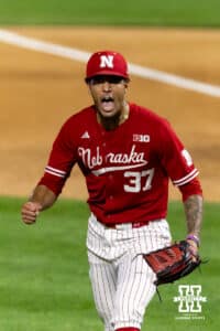 Nebraska Cornhusker pitcher J'shawn Unger (37) celebrates the win over the Creighton Bluejays in the ninth inning during a college baseball game on Tuesday, April 14, 2026, in Lincoln, Neb. Photo by John S. Peterson.