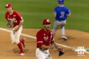 Nebraska Cornhusker pitcher J'shawn Unger (37) celebrates the win over the Creighton Bluejays in the ninth inning during a college baseball game on Tuesday, April 14, 2026, in Lincoln, Neb.. Photo by John S. Peterson.