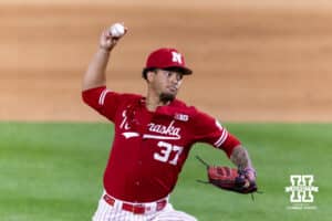 Nebraska Cornhusker pitcher J'shawn Unger (37) throws a pitch in the ninth inning against the Creighton Bluejays during a college baseball game on Tuesday, April 14, 2026, in Lincoln, Neb. Photo by John S. Peterson.