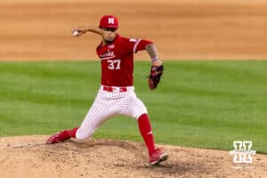 Nebraska Cornhusker pitcher J'shawn Unger (37) throws a pitch in the ninth inning against the Creighton Bluejays during a college baseball game on Tuesday, April 14, 2026, in Lincoln, Neb.. Photo by John S. Peterson.