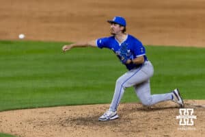 Creighton Bluejay pitcher JT Adams (37) throws a pitch in the eighth inning against the Nebraska Cornhuskers during a college baseball game on Tuesday, April 14, 2026, in Lincoln, Neb.. Photo by John S. Peterson.