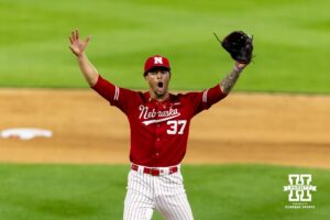 Nebraska Cornhusker pitcher J'shawn Unger (37) celebrates striking out Creighton Bluejay Chris Baillargeon for the third out during a college baseball game on Tuesday, April 14, 2026, in Lincoln, Neb. Photo by John S. Peterson.