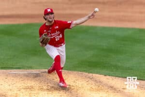 Nebraska Cornhusker pitcher Caleb Clark (24) throws a pitch against the Creighton Bluejays in the fifth inning during a college baseball game on Tuesday, April 14, 2026, in Lincoln, Neb. Photo by John S. Peterson.