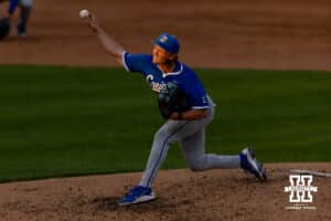 Creighton Bluejay pitcher Ian Koosman (24) throws a pitch in the fifth inning against the Nebraska Cornhuskers during a college baseball game on Tuesday, April 14, 2026, in Lincoln, Neb. Photo by John S. Peterson.