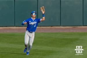 Creighton Bluejay outfielder Isaac Wachsmann (6) makes a catch for an out against the Nebraska Cornhuskers in the third during a college baseball game on Tuesday, April 14, 2026, in Lincoln, Neb. Photo by John S. Peterson.