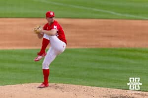Nebraska Cornhusker pitcher Tucker Timmerman (32) throws a pitch in the third inning against the Creighton Bluejays during a college baseball game on Tuesday, April 14, 2026, in Lincoln, Neb. Photo by John S. Peterson.